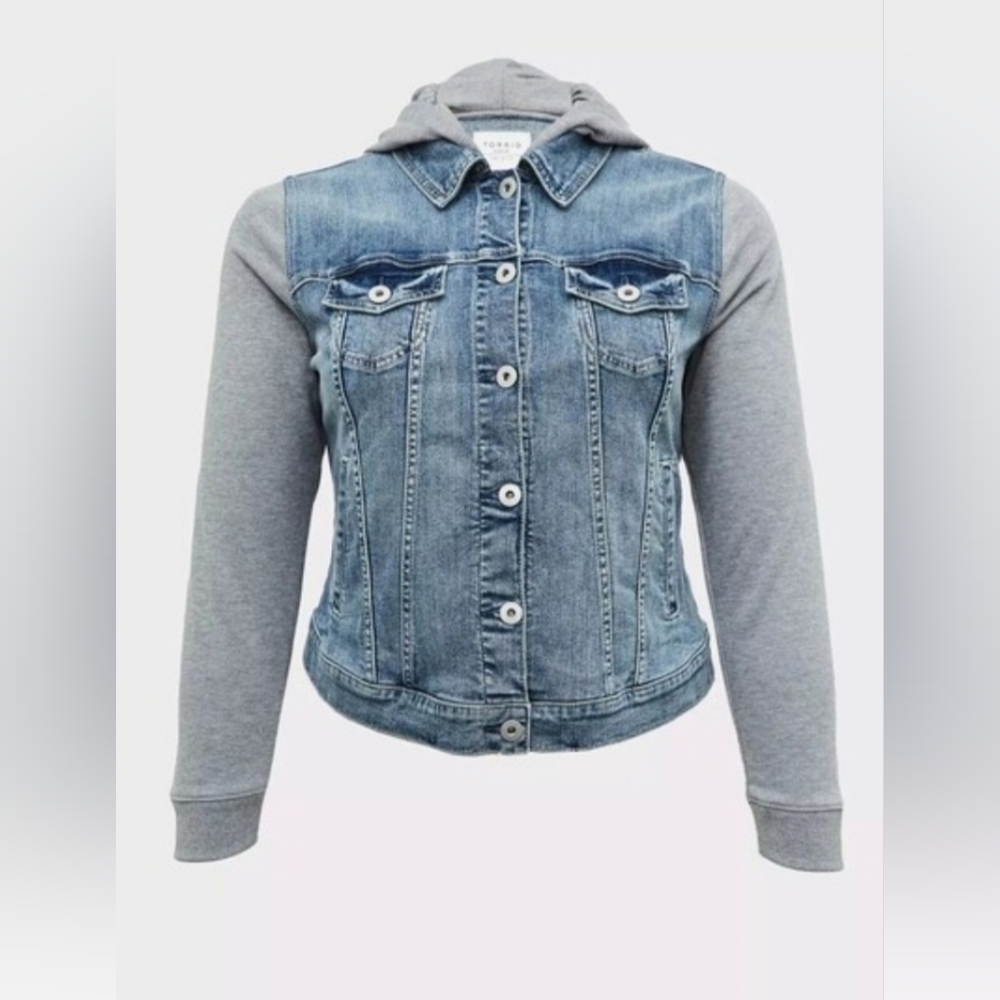 Torrid Size 2 Denim Hooded Jacket with Grey Sweatshirt Sleeves